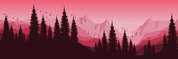 mountain landscape with silhouette of forest flat design vector illustration good for wallpaper, background, backdrop, banner, web, and design template