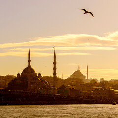Fototapeta na wymiar istanbul-turkey. 30 november 2019. golden horn and new mosque at sunset