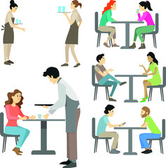 Fototapeta na wymiar People sitting a a table in a restaurant or a cafe with waiters and waitress serving. Vector ilustration. Couples at the table having lunch or dinner