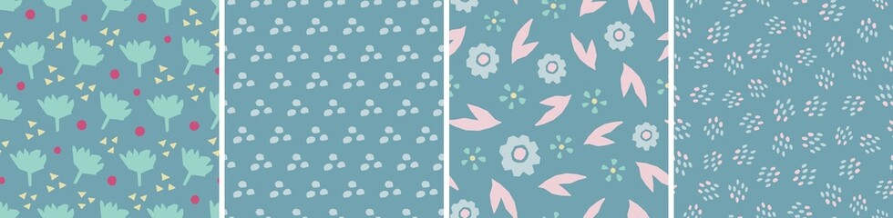 Collection of cute botanical seamless patterns. Spring summer illustrations