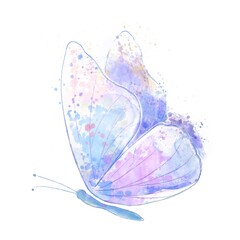 Abstract butterfly with bright blue and pink wings, with blotches and splashes on an isolated white background. Watercolor illustration for designers, typography, books, cards, for printing products.
