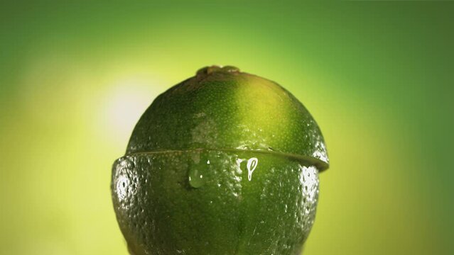 Half Lime falling and splashing on green background. Food levitation concept. Slow Motion