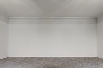  3d minimalistic white classic interior, space with cornice on the ceiling, parquet on the floor. 3D rendering illustration mockup.