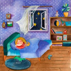 Watercolor illustration. Young girl sleeping in her room with open window. Female concept. Horizontal view, copy-space. Template for designs, card, posters, wallpaper.