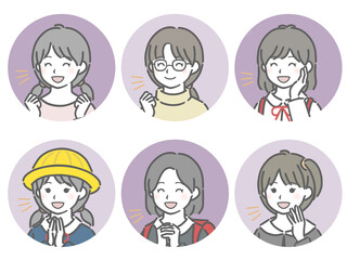 喜ぶ小学生女子の斜め向き丸アイコンセット