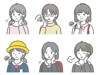 悩む小学生女子の斜め向き上半身セット