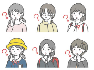 疑問に思う小学生女子の斜め向き上半身セット