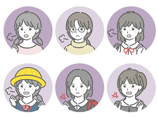 怒る小学生女子の斜め向き丸アイコンセット