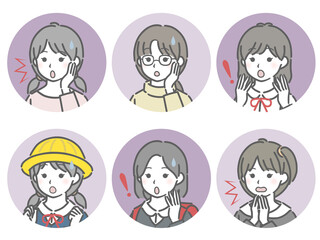 驚く小学生女子の斜め向き丸アイコンセット