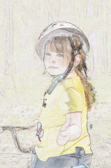 A child girl with mid-brown hair and a cycling helmet, put on, shows the 