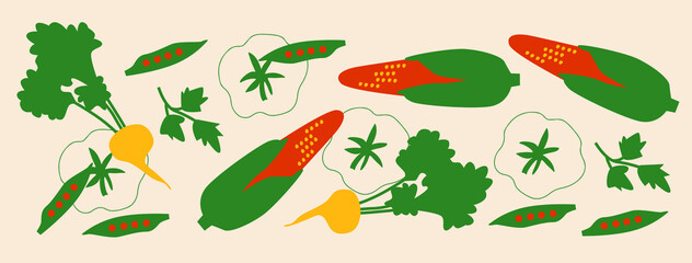 Vegetables set. Beat, peas, pepper,vector illustration on beige background. Horizontal banner autumn harvest. Abstract vegetables, fruits illustration. Abstract appetizing Vegetables collection.