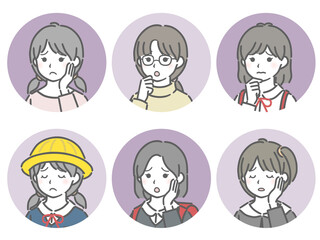 悩む小学生女子の斜め向き丸アイコンセット