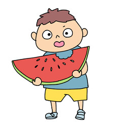 スイカを食べる男の子のイラスト