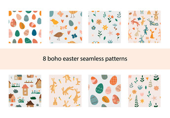 Fototapeta na wymiar Boho easter seamless patterns collection. Baby nursery print. Houses and bunny. Flowers and eggs. Vector illustration