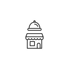 Store and shop concept. Outline sign suitable for web sites, stores, shops, internet, advertisement. Editable stroke drawn with thin line. Icon of bowl with cloche over shop