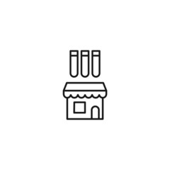 Store and shop concept. Outline sign suitable for web sites, stores, shops, internet, advertisement. Editable stroke drawn with thin line. Icon of laboratory bulbs above shops