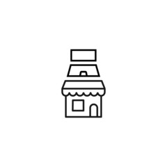 Store and shop concept. Outline sign suitable for web sites, stores, shops, internet, advertisement. Editable stroke drawn with thin line. Icon of laptop over shop