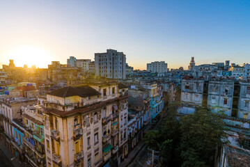 Havana, Cuba. Aerial View of old ruined colonial buildings at sunrise.

