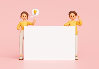 Young Businesswoman and Businessman Standing with a empty sign  or blank screen and have a light bulb on bubble message cartoon character on pink background 3d illustration rendering