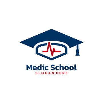 Graduate Hat And Medical Pulse Logo Vector. Medical And Nursing Education Logo Template Design Concept.