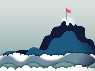 Paper cut style vector illustration of mountain peak with red flag. Concept of business success and achievement. Background illustration in blue and green.