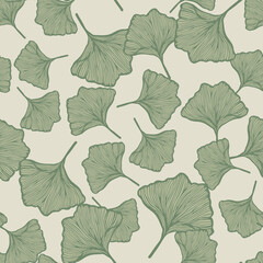 Seamless pattern engraved leaves Ginkgo Biloba. Vintage background botanical with foliage in hand drawn style.
