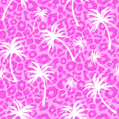 Fototapeta na wymiar Pink leopard skin and palm trees silhouettes seamless pattern