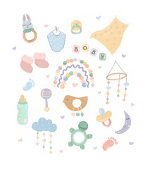 Set of hand drawn baby accessories. Nipples, rattles, rodents. Cute elements of children's decor