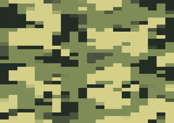 modern army digital pixelated camouflage vector pattern. olive green digi camo background texture for different usage, as backdrop, 8 bit banner graphics and more.