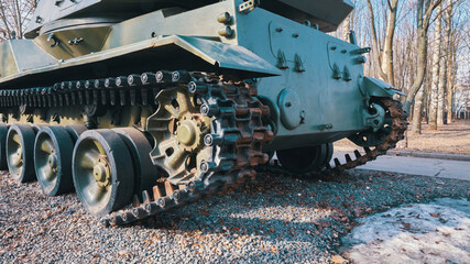 Fototapeta na wymiar Military tank tracks close up view