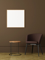 Modern and minimalist square wooden poster or photo frame mockup on the wall in the living room. 3d rendering.