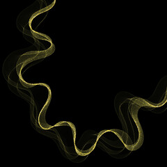 Gold splash and motion abstract graphic with glitter on black background.
