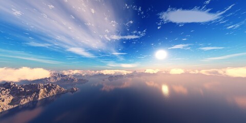 Marine archipelago at sunset, ocean with islands at sunrise seascape, 3d rendering