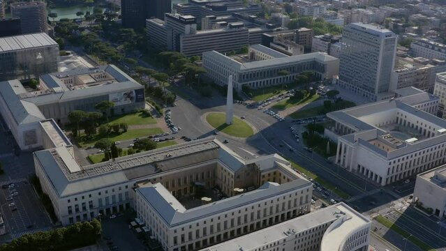 Aerial view of the Obelisk of Marconi, also known as Obelisk of EUR. This obelisk is located in Rome, Italy.