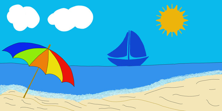 Spiaggia con barchetta ombrellone e sole in piena estate