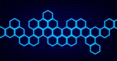 Honeycomb turquoise neon background. Polygonal shape. Abstract banner. Shiny flyer. Vector stock illustration