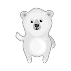 Polar bear isolated on white background. Arctic bear cartoon character. Friendly teddy bear cub standing and waving hand.Cute white bear mascot smiling.Funny northern animal symbol.Vector illustration