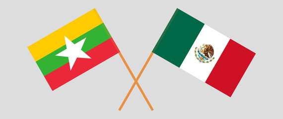 Crossed flags of Myanmar and Mexico. Official colors. Correct proportion