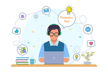 Boy with laptop, happy man, well being, businessman, creative people, working at home, office workplace, study, social network, lifestyle, background