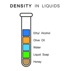 Simple Colorful Illustration Of Density In Liquids. Vector Designing Using Tube With Liquids Layers. Fluids Layers.