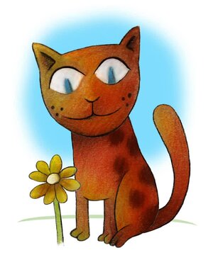 Cat looking at a flower. Animation of a cute cat looking at a flower made with colored pencils.