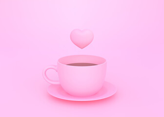 Sweet Heart floating on the pink coffee cup with pastel pink background. Minimal concept. 3D rendering, 3D illustration