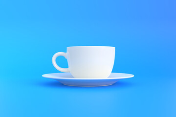 White ceramic coffee cup on blue background. White mug empty blank for coffee or tea. 3D rendering 3D illustration