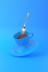 Levitation of Cup of Coffee with a spoon. White mug flying on the air on bright blue background. Minimal concept. 3D rendering 3D illustration