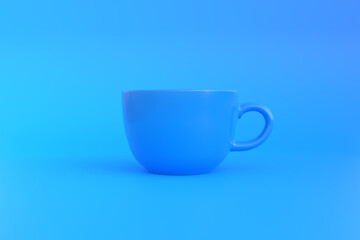 Blue ceramic coffee cup on blue background. Blue mug empty blank for coffee or tea. 3D rendering 3D illustration