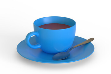 Blue coffee cup, saucer and spoon isolated on a white background. 3D Rendering 3D Illustration