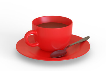 Red coffee cup, saucer and spoon isolated on a white background. 3D Rendering 3D Illustration