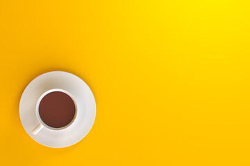 Top view of a cup of coffee with dish on yellow background. Morning coffee concept. 3D Rendering 3D Illustration