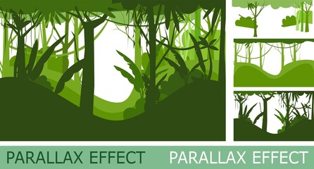 Jungle illustration. Silhouette isolated with parallax effect. Dense wild-growing tropical plants with tall, branched trunks. Rainforest landscape. Flat design. Cartoon style. Vector © WebPAINTER-Std