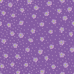 Simple pretty floral Seamless pattern. Purple flowers in endless design. Spring summer ornament with flowers and polka dots